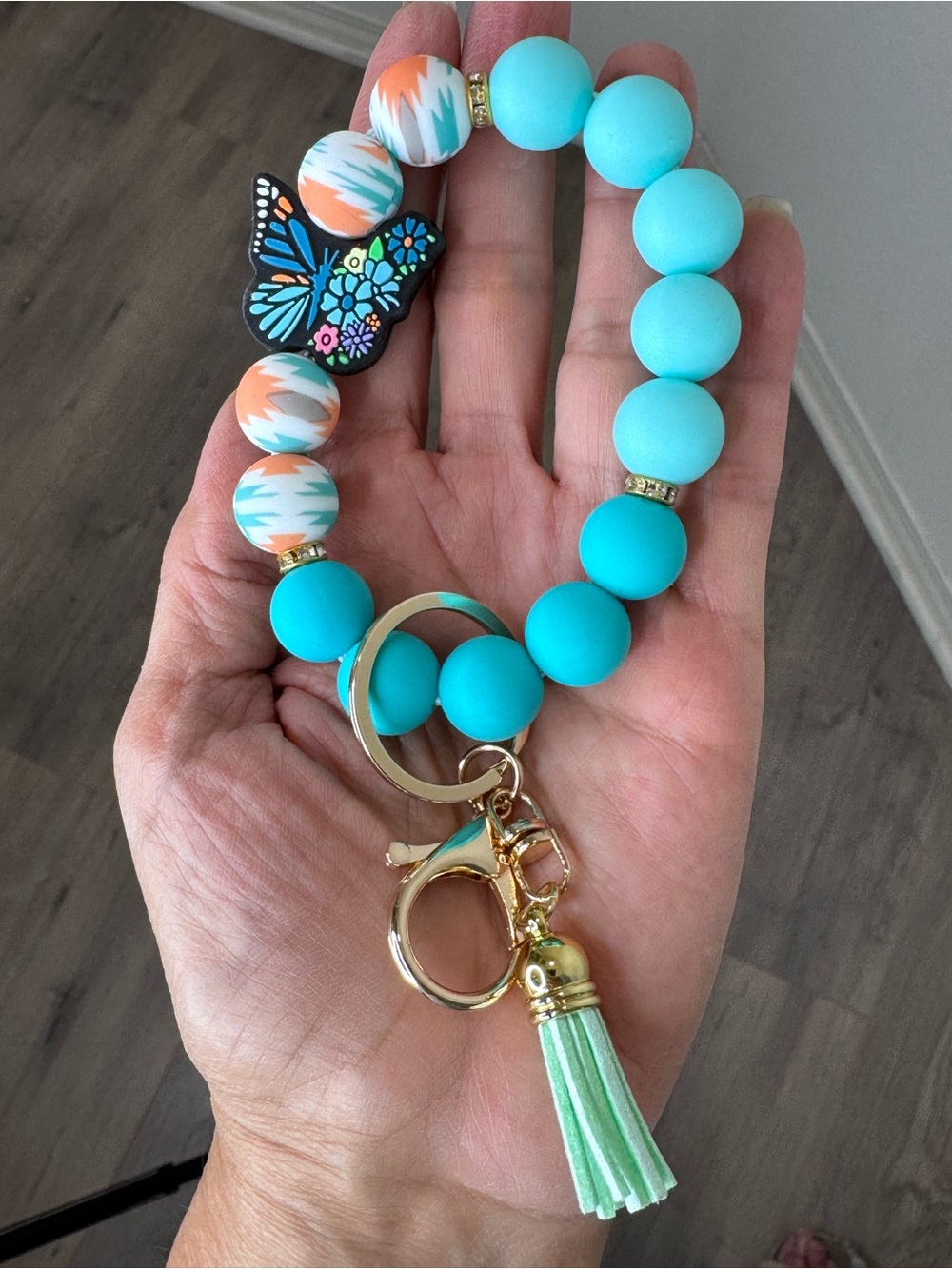 Butterfly turquoise beaded keychain wristlet